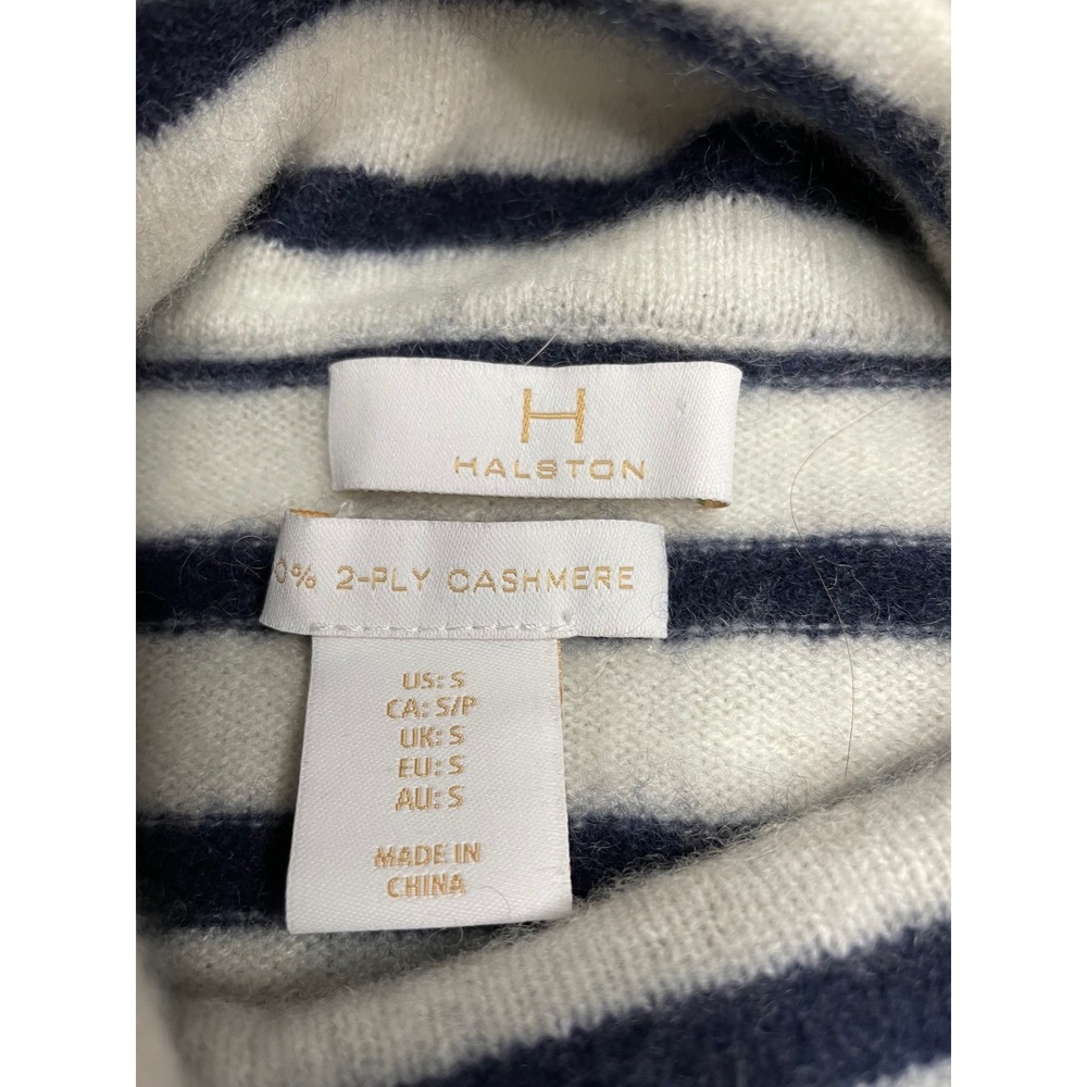 Halston Cashmere Sweater Womens Small Navy White Striped Turtleneck 2-Ply Knit - Picture 3 of 10
